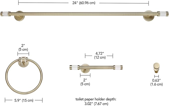 GLOBE Electric 63000063 5-Piece All-in-One Bathroom Set, Matte Brass Finish, 3-Light Vanity Light, Glass Shades, Towel Bar, Toilet Paper Holder, Towel Ring, Robe Hook, Bathroom Lights Over Mirror