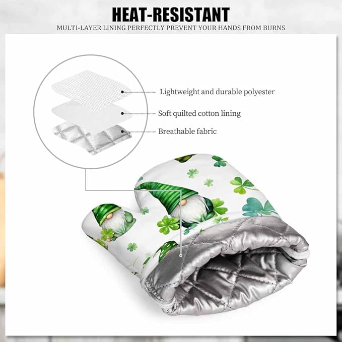 Mxocom Lucky Clover Leaves Oven Mitt and Pot Holder with Silicone St Patrick Day Gnomes Green Hat Watercolor Cartoon Dwarf Plant Heat Resistant Kitchen for Cooking BBQ Baking Grilling Spring