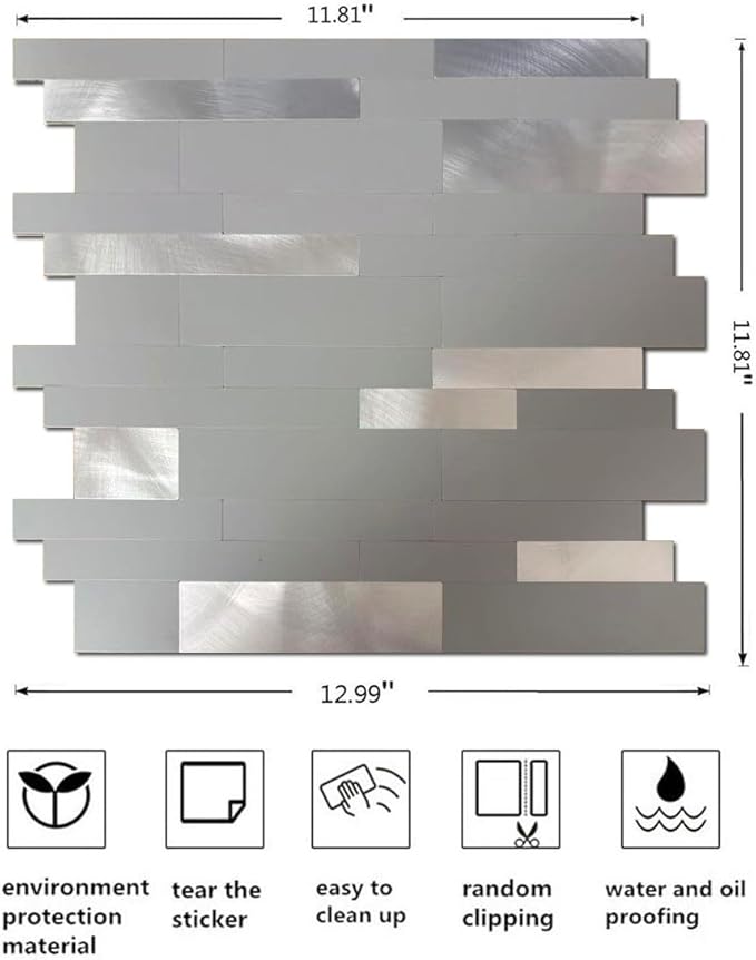 10-Sheet Peel and Stick Backsplash Tile, PVC Mixed Meta,l Stick on Kitchen, Bathroom Vanities, Fireplace Décor, Laundry Table(Grey+Frosted Silver)
