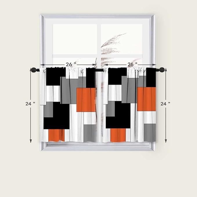 MCALK Orange Blackout Kitchen Curtains Tiers Set 2 Piece for Windows Grey and Black Kitchen Window Curtains Set,White Modern Abstract Art Valances for Living Room(24" Tiers Set)