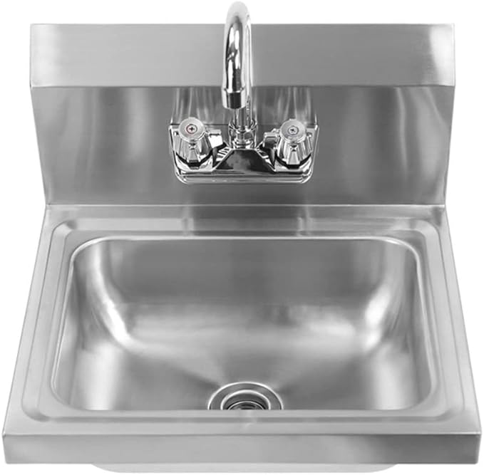 304 Stainless Steel Sink for Washing - Commercial Wall Mount Hand Basin for Restaurant, Kitchen and Home - Double Switch Faucet,Silver-43x39x14cm