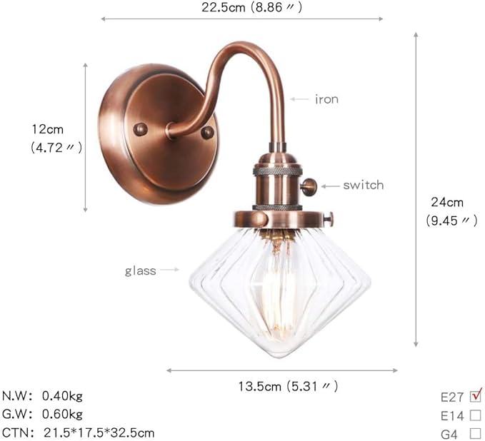Wall Lamps, Nordic Creative Iron Sconce Lighting with Switch, Clear Glass Lampshade Metal Wall Lights for Bedroom