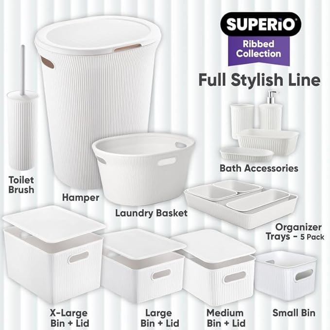 Decorative Plastic Bathroom Accessories Set, White (Set of 4) Soap Dish, Liquid Dispenser, Toothbrush Holder Cup, Vanity Organizer Tray - Bath Accessory Countertop Decor Gift - Ribbed Design