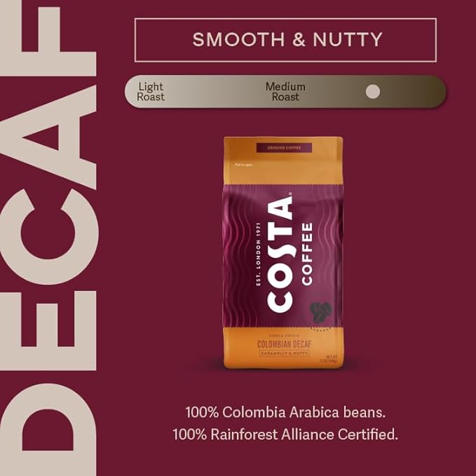 Costa Coffee Ground Coffee, Colombian Decaf Medium Roast, 12oz each, Rainforest Alliance Certified (Pack of 5)