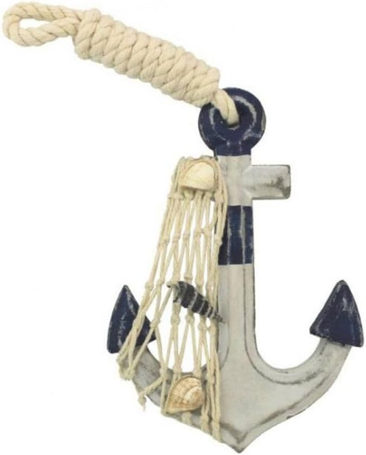 Hampton Nautical Anchor-301 Wooden Rustic Decorative Blue & White Anchor 6" - Anchor Decoration - Nautical Anchor Decor
