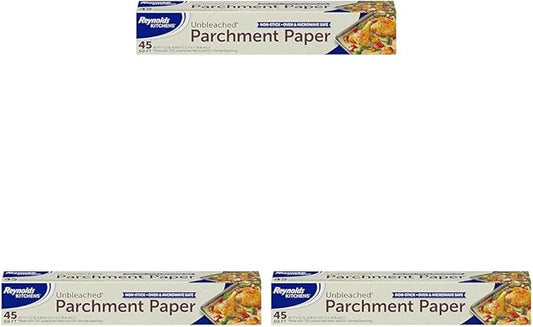 Reynolds Kitchens Unbleached Parchment Paper Roll, Non Stick Parchment Paper for Cooking and Baking, Oven Safe up to 425 Degrees, Chlorine-Free, 45 Feet x 12 Inches, 45 Total Sq. Ft. (Pack of 3)