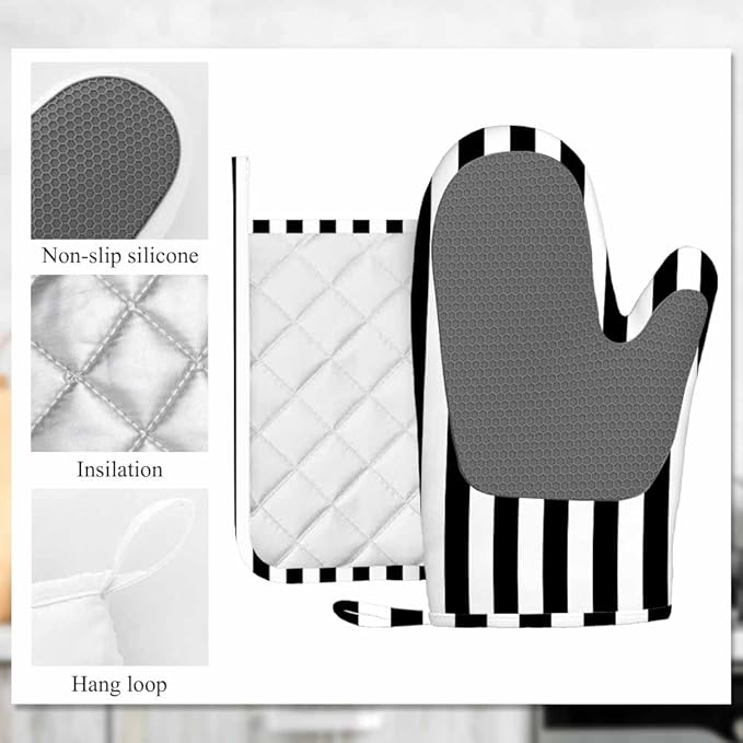 Mxocom Vertical Black Strip Oven Mitts and Pot Holders Sets Black White Silicone Heat Resistant Kitchen Oven Gloves Pot Holder for Cooking