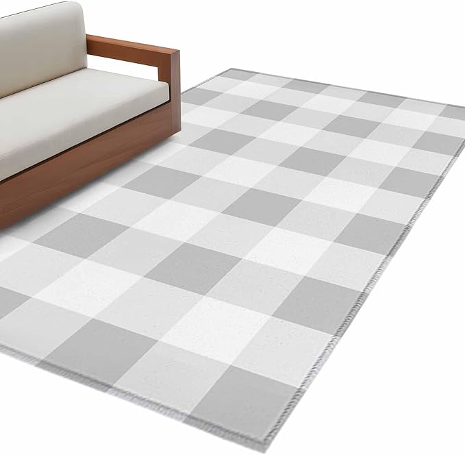 Area Rug 3x5ft, Light Grey White Plaid Washable Rugs for Living Room Bedroom, Farmhouse Decoration Buffalo Check Soft Non-Slip Area Rugs Rectangle Floor Carpet for Dining Room