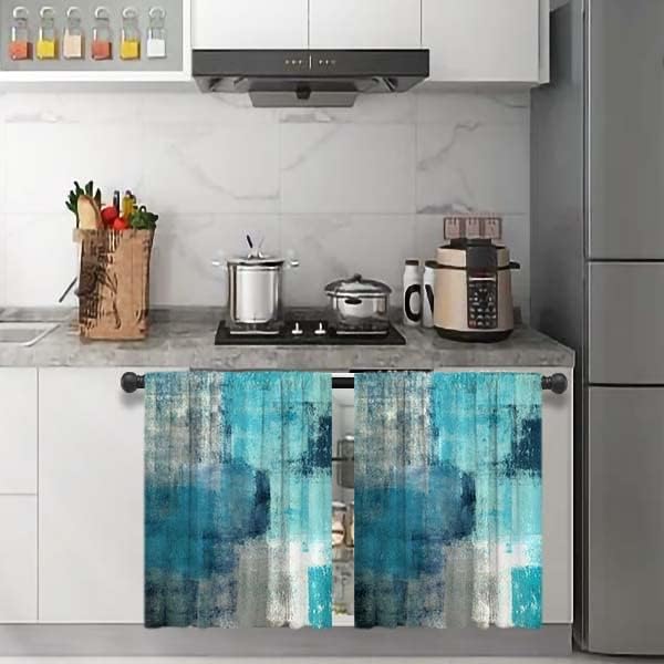 MCALK Turquoise Kitchen Curtains Tiers Set 2 Piece for Windows Grey Kitchen Window Curtains Set,Modern Abstract Art Valances for Living Room(24" Tiers Set)