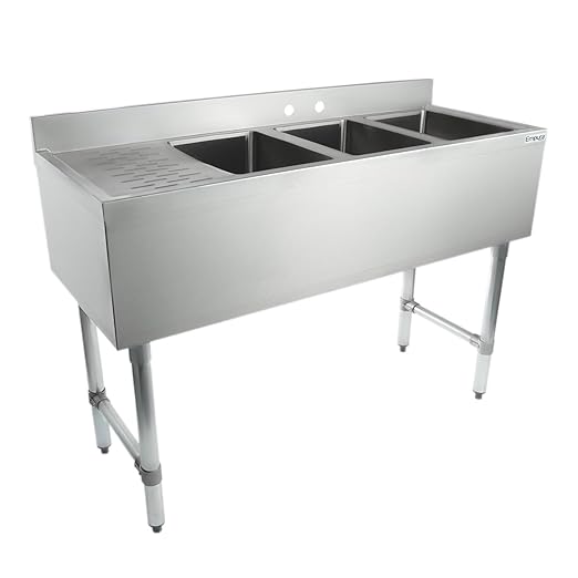 Empura 10" x 14" Stainless Steel Three Compartment Underbar Sink | Heavy-Duty Commercial Kitchen Bar Basin with 3.5" Drain Basket for Laundry | 12" Left Drainboard, 10"L X 14"D X 10"H, 18 Gauge, NSF