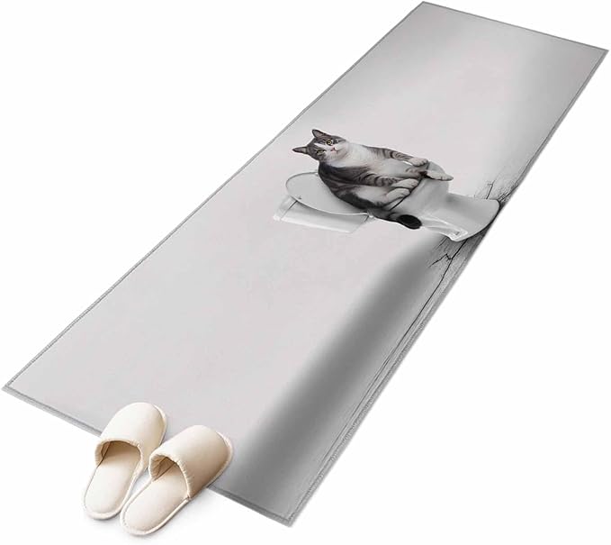 Runner Rug for Bedroom Hallway, Cute Funny Cat on The Toilet Kitchen Runner Rugs Area Rug 2x6ft, Animal Grey Art Washable Soft Floor Carpet for Entryway Stair
