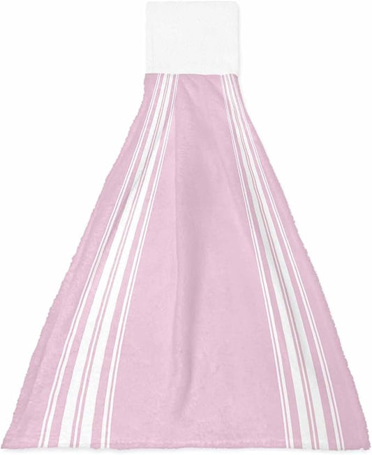 Alandar Home Kitchen Tie Towel Set of 1, Rustic Modern Minimalist Art Absorbent Soft Hand Towels for Bathroom Hanging Towels, White Stripe Line on Pink Fast Drying Cleaning Cloth with Loop