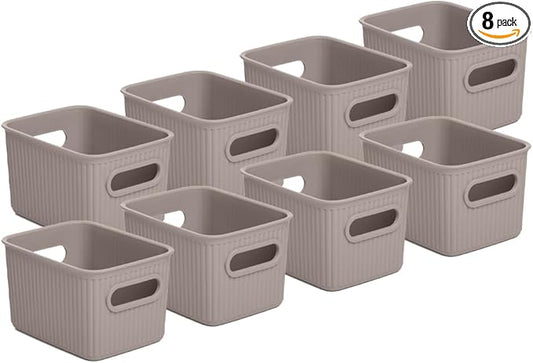 Superio Decorative Plastic Basket Open Home Storage Bins Organizer Baskets, Small, Taupe (8 Pack) Container Boxes for Organizing Closet Storage Bins for Shelves Drawer Shelf, 1.5 Liter