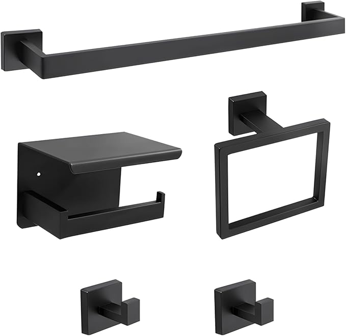 Bath Fixtures, Steel, 5-Piece, Includes Paper Holder, Bar, Ring, Hook, Black Matte Finish, Contemporary, Easy To Mount, Stainless Steel Storage