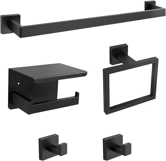 Bath Fixtures, Steel, 5-Piece, Includes Paper Holder, Bar, Ring, Hook, Black Matte Finish, Contemporary, Easy To Mount, Stainless Steel Storage