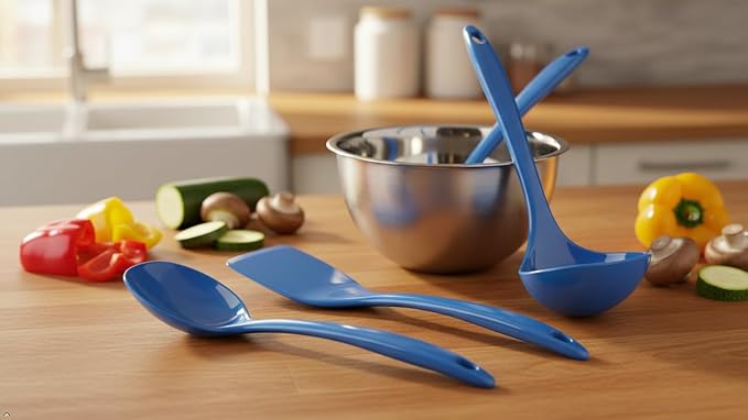 Reston Lloyd 100% Melamine Kitchen Utensil Set, Non Scratching Ladle, Spoon, Slotted Spoon & Spatula, Easy To Hold, Set of 4, Azure