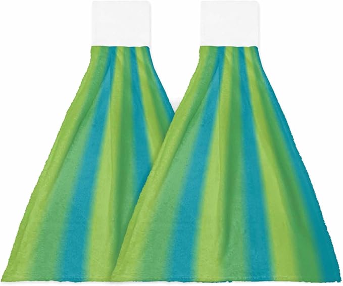 Alandar Home Kitchen Tie Towel Set of 2, Green Blue Vertical Stripes Absorbent Soft Hand Towels for Bathroom Hanging Towels, Gradient Stripes Seamless Fast Drying Cleaning Cloth with Loop