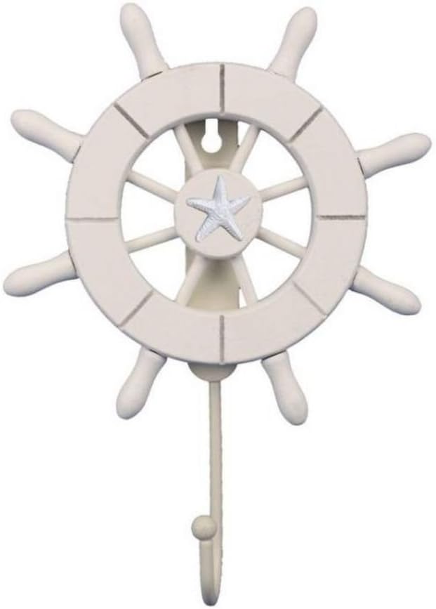 Handcrafted Nautical Decor White Decorative Ship Wheel with Starfish with Hook 6" - Wooden Ships Wheel - B