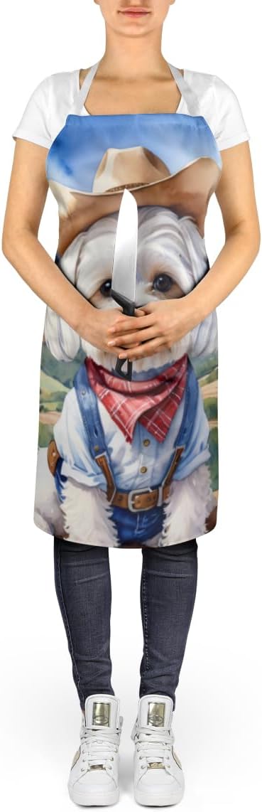 Caroline's Treasures Maltese Cowboy Welcome Apron Cooking Kitchen Server Baking Crafts Gardening for Adult Women Men, Unisex, Large, Multicolor