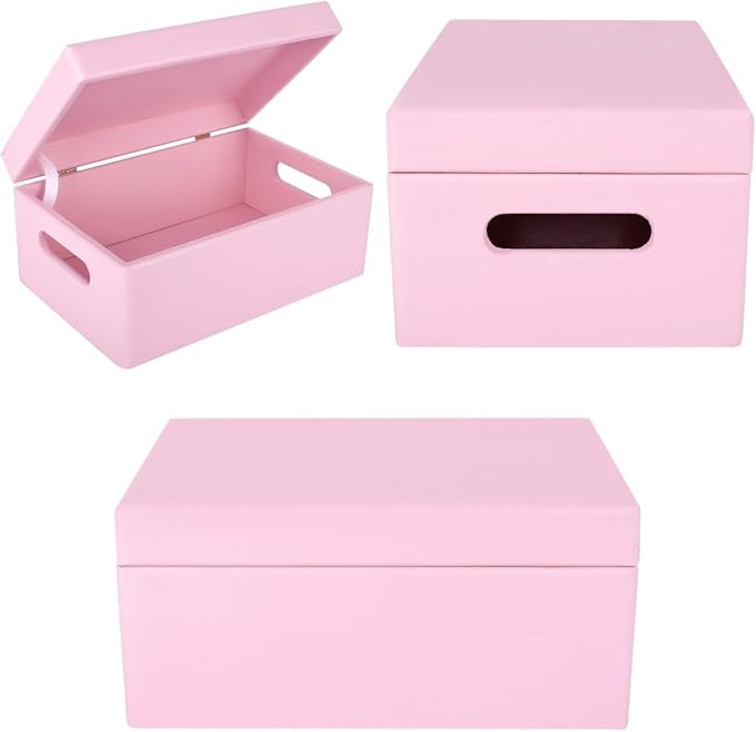 Creative Deco Large Pink Wooden Box Storage with Hinged Lid | 11.8x7.87x5.51in (+-0.5) | Keepsake with Handles | Gift Box for Tool Dog Toy Shoes Kitchen Storage | Wood Keepsake Chest Trunk