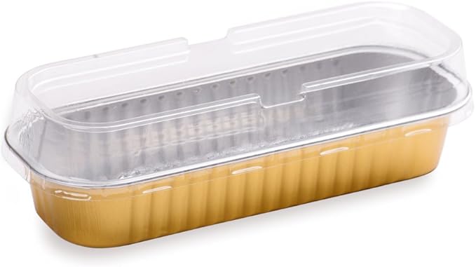 Restaurantware Aluminum Loaf Pan 100 Count 6.5 x 2.56 x 1.18 Inch Greaseproof Bread Pan with Lid, Oven-Safe Even Cooking Rectangular, Gold Design for Baking