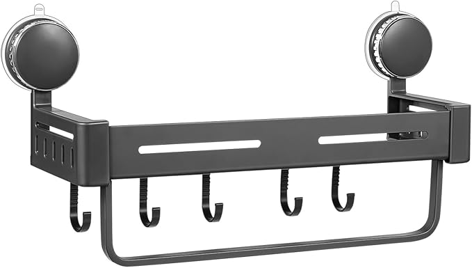 GLEAVI Suction Cup Kitchen Shelf Rack Gray Wall-mount Spice Rack Organizer with Hooks for Pantry Storage and Kitchen Sink Organization