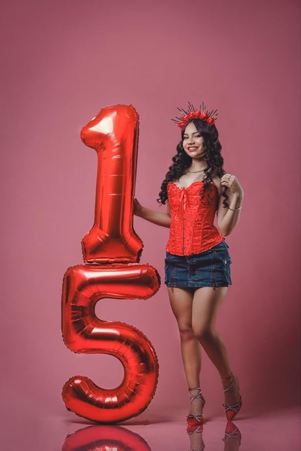 Number 15 Balloons, 40 Inch 15th Birthday Decorations for 1 5 15 51, Red Big Foil Number Balloons for Wedding Store Anniversary Party Supplies