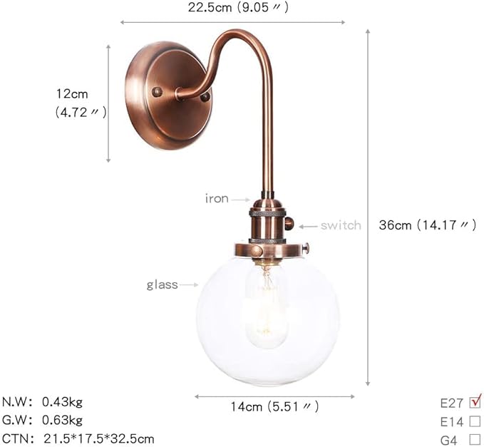 Wall Lamps, Nordic Creative Iron Sconce Lighting with Switch, Clear Glass Lampshade Metal Wall Lights for Bedroom Living Room(Color:D)