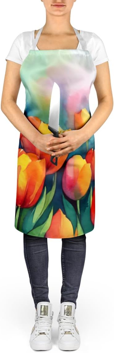 Caroline's Treasures Tulips in Watercolor Apron Cooking Kitchen Server Baking Crafts Gardening for Adult Women Men, Unisex, Large, Multicolor