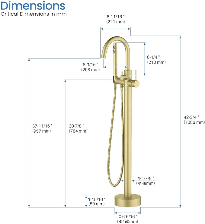 KIBI Circular Floor Mount Bathtub Faucet with Hand Shower | Single Handle Freestanding Tub Filler | Modern Bath Faucet for Tub and Shower | Brushed Gold Finish, KTF301