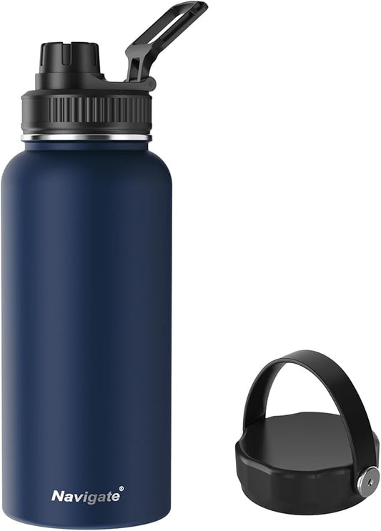 Navigate 32 oz Insulated Stainless Steel Sports Water Bottle with Spout & Handle Lids,Wide Mouth Water Jug with Double Walled Leak Proof Keep Cold for 24 Hrs Hot for 12 Hrs,Dark Blue