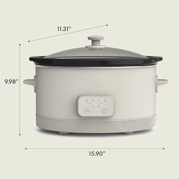 bella 6.0 Qt Programmable Slow Cooker, Ceramic Nonstick Coating, Adjustable Temperature & Cooking Times, Dishwasher Safe Stoneware Pot & Tempered Glass Lid, Tangle Free Cord Wrap, Oatmilk