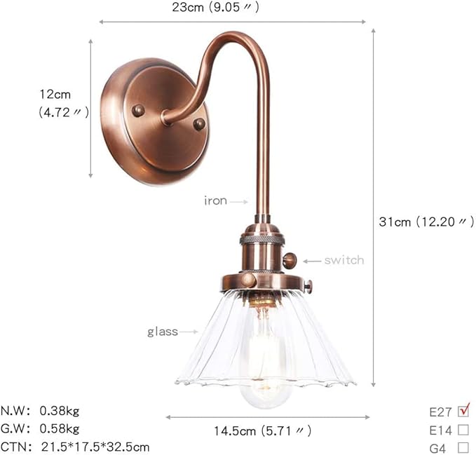 Wall Lamps, Nordic Creative Iron Sconce Lighting with Switch, Clear Glass Lampshade Metal Wall Lights for Bedroom Living Room(Color:A)