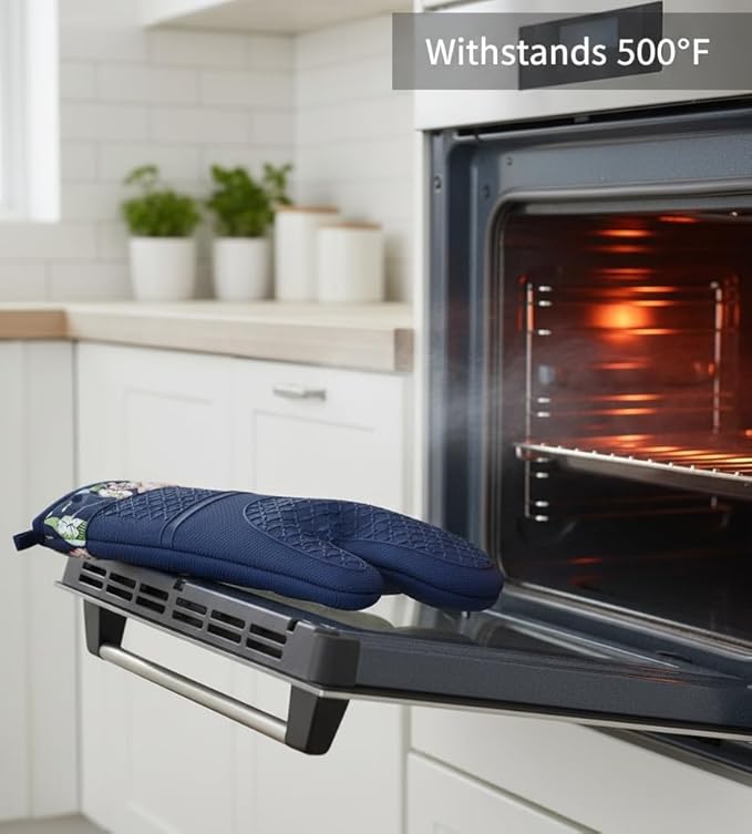 Pair of 2 Heat-Resistant Silicone Oven Mitts – Extra Long, Non-Slip Grip, Soft Cotton Lining, Perfect for Baking, Cooking & BBQ – 13” x 7” Kitchen Gloves (Blue Flora)