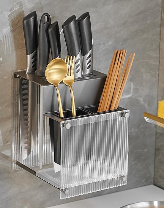 Kitchen Shelf, Chopsticks, Knife Storage Rack, Wall-Mounted Cutting Board Shelf, Type B-Gray [Knife Holder + Chopstick cage]