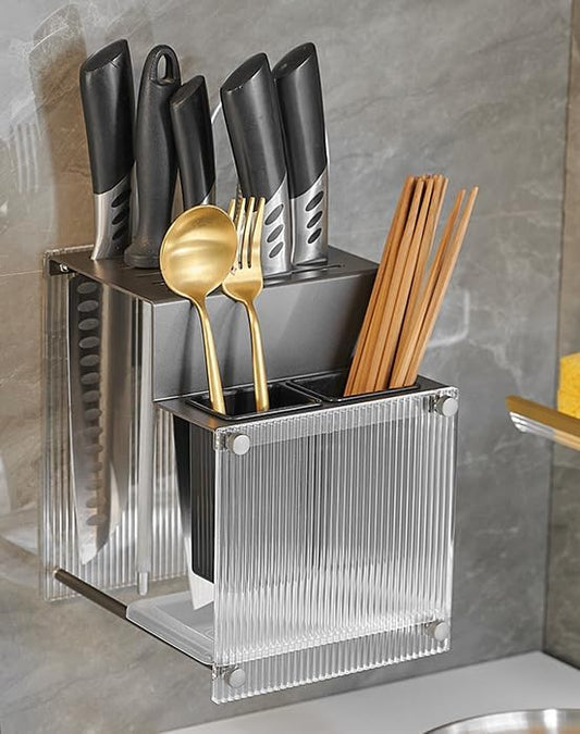 Kitchen Shelf, Chopsticks, Knife Storage Rack, Wall-Mounted Cutting Board Shelf, Type B-Gray [Knife Holder + Chopstick cage]