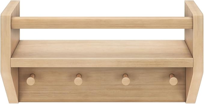 Max & Lily Wall Shelf with Pegs, 16 Inch Floating Bookshelf for Kids Room, Solid Wood Wall-Mounted Storage Shelf with Hooks for Backpacks, Jackets & Décor, Blonde