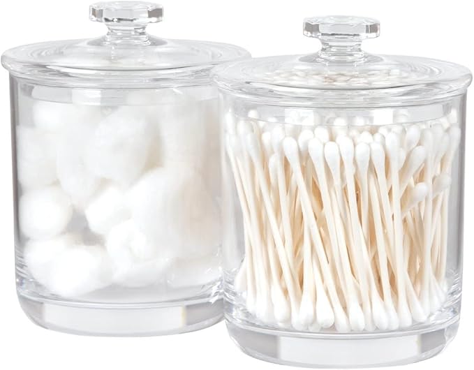 ForPro Clear Acrylic Apothecary Jars with Lids, Set of 2 Shatterproof Qtip Holder & Cotton Ball Container, 15 Oz Bathroom Vanity Organizer Canister for Kitchen & Office Decor, 4.5" x 3.5"