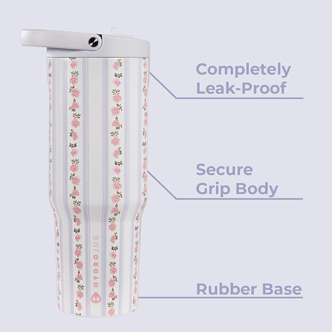 HydroJug Sport - Stainless Steel Tumbler with Straw, Vacuum Insulated, 32oz Leakproof Water Bottle, Ergonomic Design, Reusable, Dishwasher Safe, Rubber Base, Durable for Gym or Outdoors, Primrose