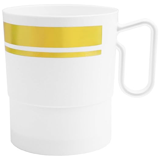 Party Essentials Bistro Hard Plastic Coffee Cup/Tea Mug w/Handle, 40 Count, 8-Ounce, White with Gold Rim