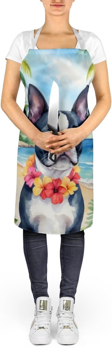 Caroline's Treasures Boston Terrier Luau Apron Cooking Kitchen Server Baking Crafts Gardening for Adult Women Men, Unisex, Large, Multicolor