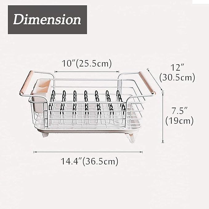 Anti Rust Dish Drainer Rack Small Drainer with Removable Drain Board and Swivel Spout Utensil Holder for Kitchen Counter and Sink Wood Handle Cutlery Basket Drain Shelf