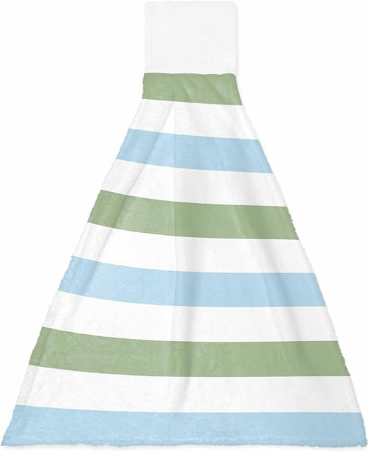 Alandar Home Kitchen Tie Towel Set of 1, Geometric Sage Green and Blue Stripes Absorbent Soft Hand Towels for Bathroom Hanging Towels, Minimalist Lines on White Fast Drying Cleaning Cloth with Loop