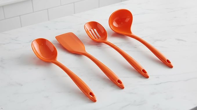 Reston Lloyd 100% Melamine Kitchen Utensil Set, Non Scratching Ladle, Spoon, Slotted Spoon & Spatula, Easy To Hold, Set of 4, Orange