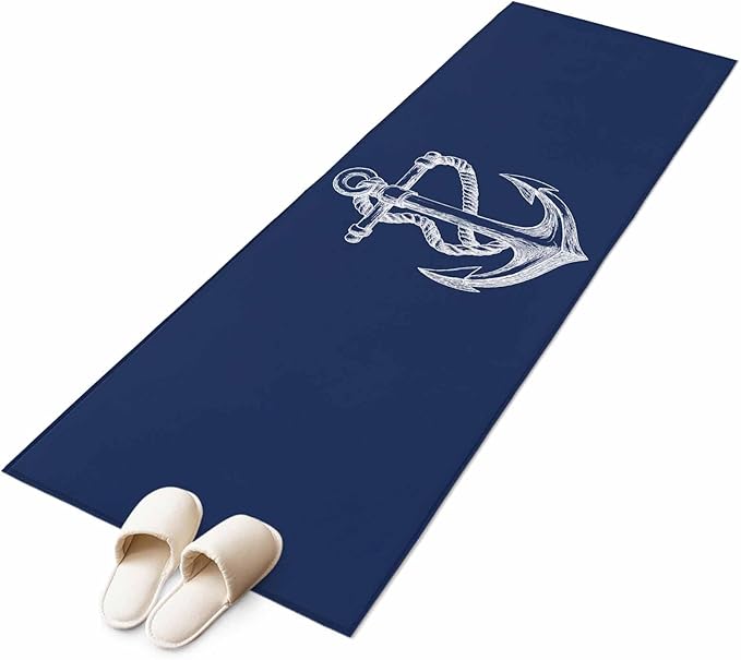 Runner Rug for Bedroom Hallway, Marine Theme Anchor String Sketch Kitchen Runner Rugs Area Rug 2x6ft, Watercolor Nautical Theme Washable Soft Floor Carpet for Entryway Stair