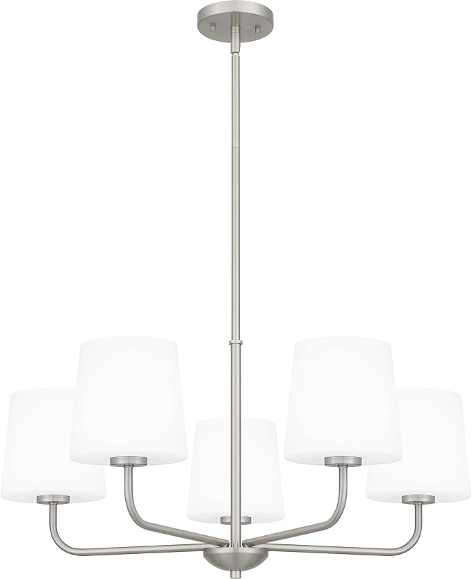 Quoizel Gallagher 1-Tier Chandelier, 28 Inch 5-Light Brushed Nickel Hanging Ceiling Light Fixture, Max Adjustable Height 52", Modern Industrial Design for Dining, Living Room, Kitchen or Office