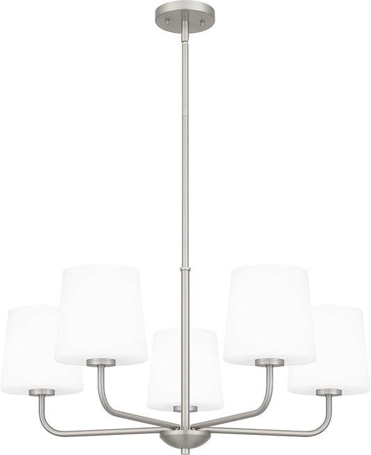 Quoizel Gallagher 1-Tier Chandelier, 28 Inch 5-Light Brushed Nickel Hanging Ceiling Light Fixture, Max Adjustable Height 52", Modern Industrial Design for Dining, Living Room, Kitchen or Office