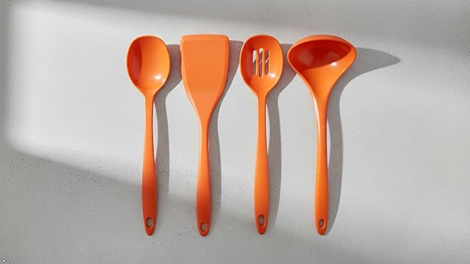 Reston Lloyd 100% Melamine Kitchen Utensil Set, Non Scratching Ladle, Spoon, Slotted Spoon & Spatula, Easy To Hold, Set of 4, Orange