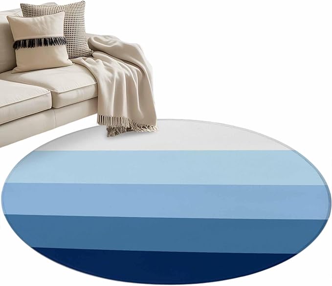 Washable Round Area Rug Minimalist Blue White Ombre Stripe Circle Rugs Floor Carpet for Living Room Bedroom, Modern Gradient Art Soft Non Slip Round Rug 4ft