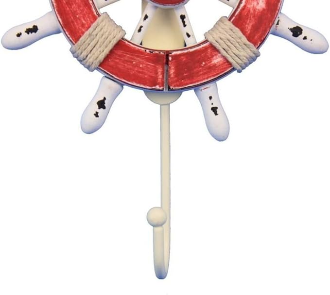 Hampton Nautical Wheel-6-110 Rustic Decorative Ship Wheel with Hook, 6", Red/White